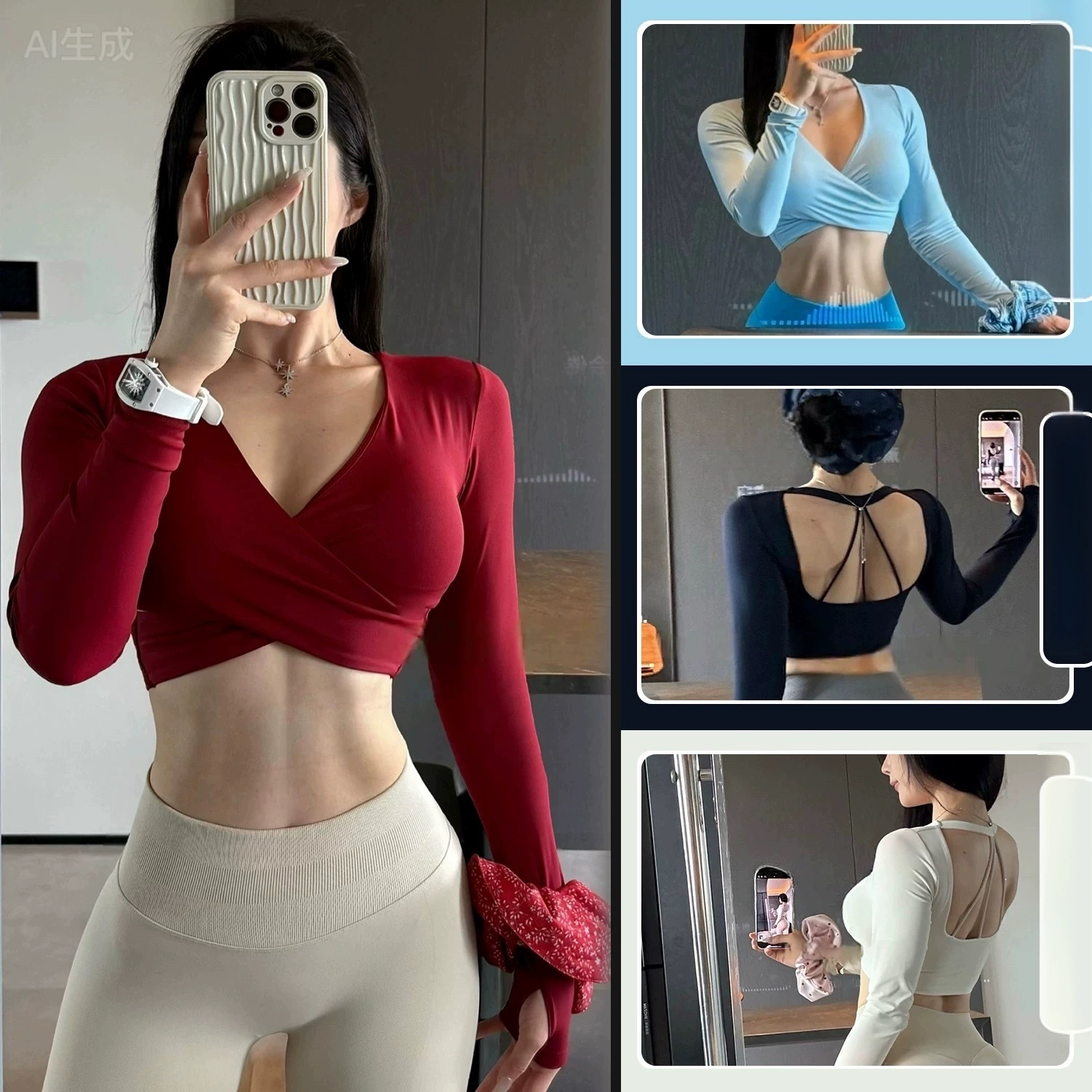 Pilates Yoga Wrap Top - Pakaian Olahraga Yoga Lengan Panjang Slim-fit,